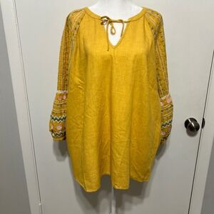 Canyon Retreat Womens Mustard Yellow Embroidered Boho Top 2X Peasant Prairie